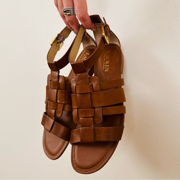 New Ralph Lauren Elianna brown calfskin leather ankle strap woven sandals - Picture 7 of 9